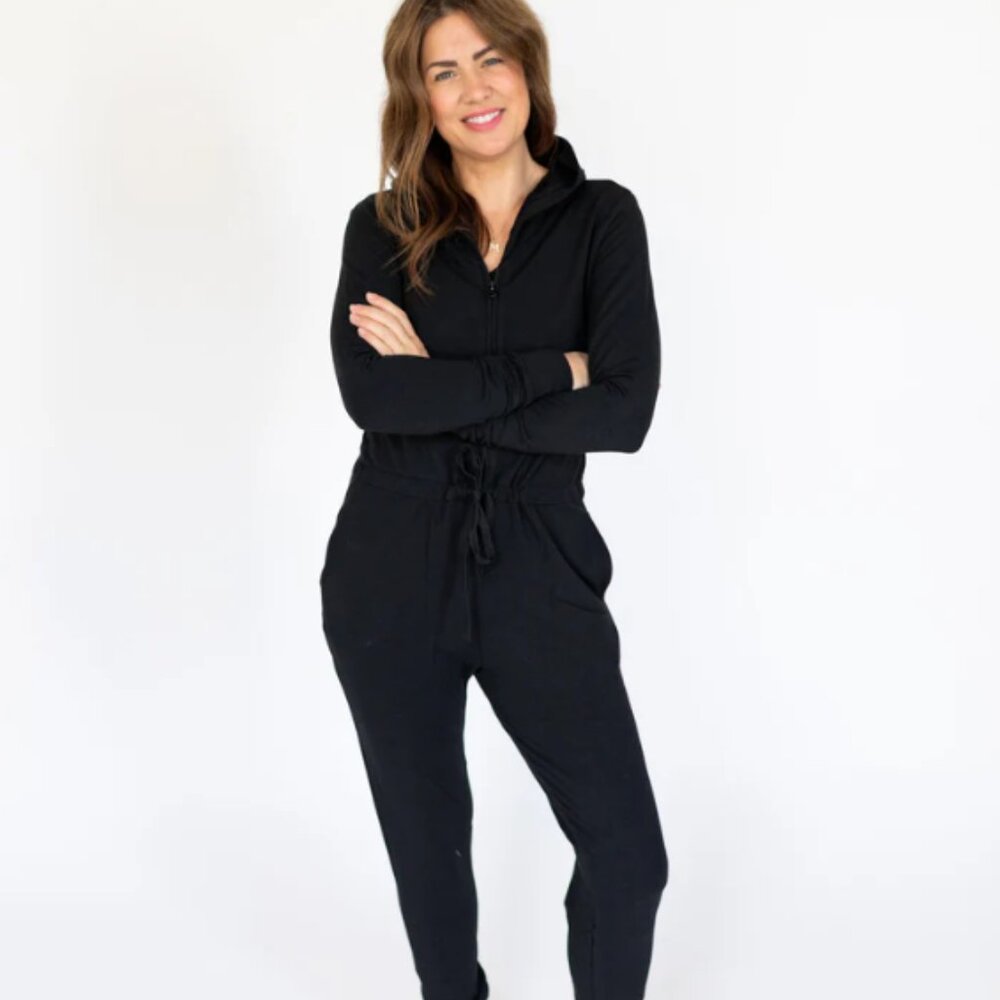 Smash + Tess Black Harris Hoodie Romper in Midnight Black